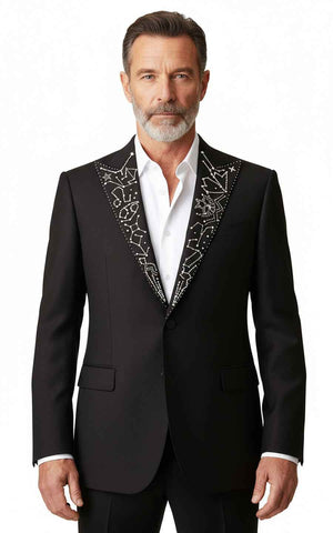 Custom Business Suit Men | Black Crystal Lapel Blazer Men Formal Evening Wear — WIAI Made-to-Me... | WIAI Custom Suits - Main View