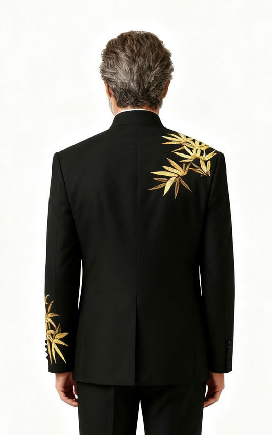 Men's Black Groom Blazer - Golden Bamboo Embroidered