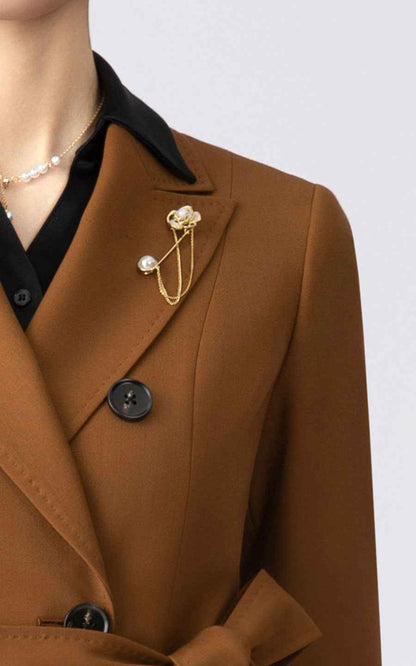 Women's Brown Double-Breasted Wool Coat with Belt