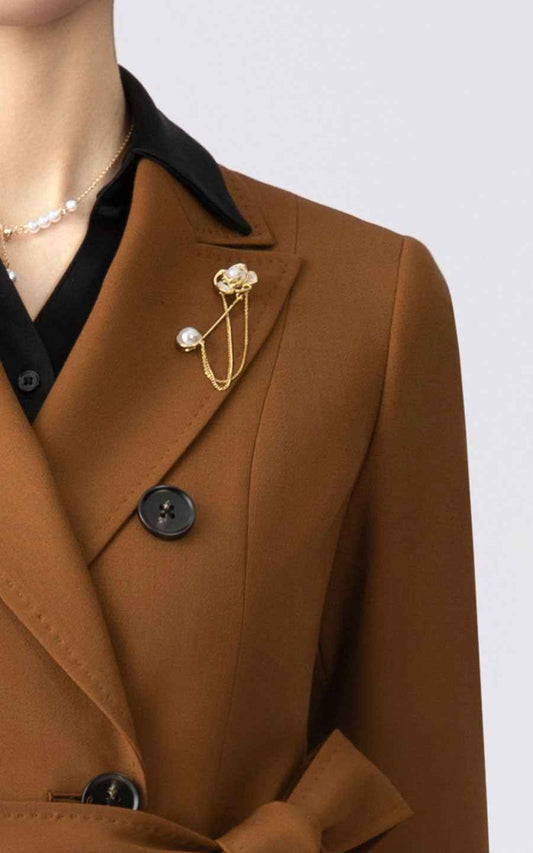 Women's Brown Double-Breasted Wool Coat with Belt
