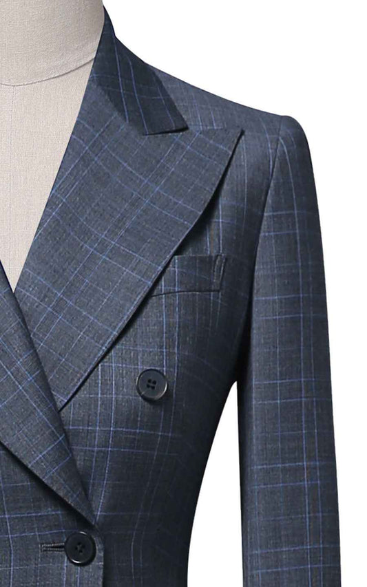 Double-Breasted Plaid Blazer - Navy Check Pattern
