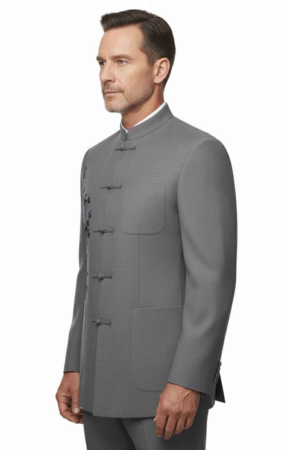 Custom grey embroidered men's stand-up collar wedding suit coat