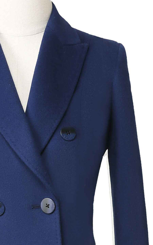 Navy Blue Double-Breasted Wool Coat - Women's Long Blazer