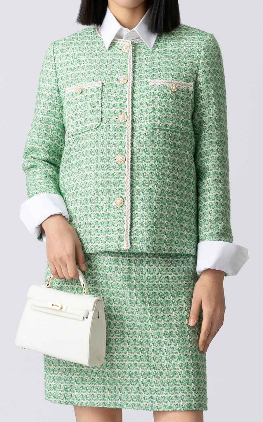 Elegant Green Tweed Suit Set - Jacket & Skirt