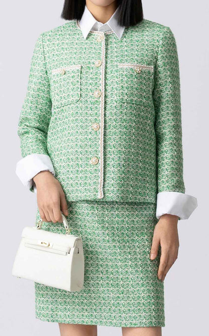 Elegant Green Tweed Suit Set - Jacket & Skirt