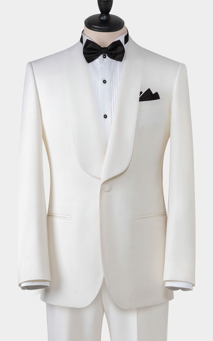 Woman wearing creamy white wool custom tailored formal dress