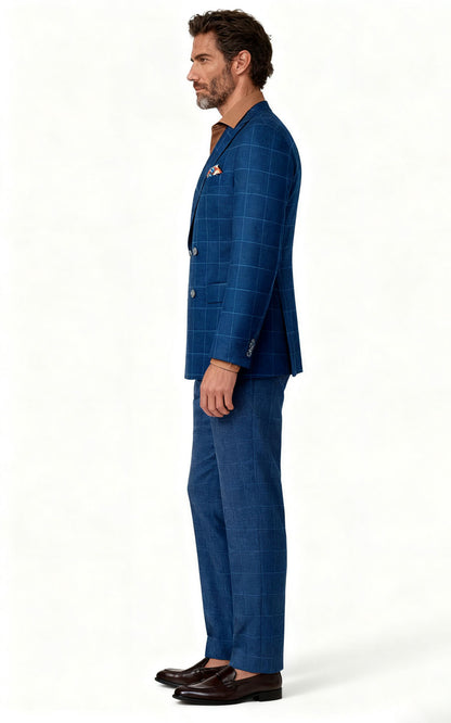 Men's Blue Plaid British Style Tailored Suit