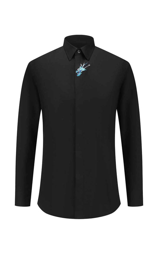 Custom Black Dragon Embroidered Dress Shirt - Tailored Fit