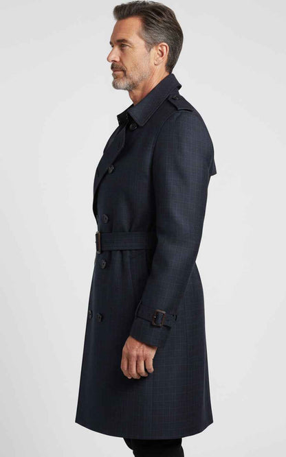 Men's Dark Blue Double-Breasted Custom Casual Trench Coat
