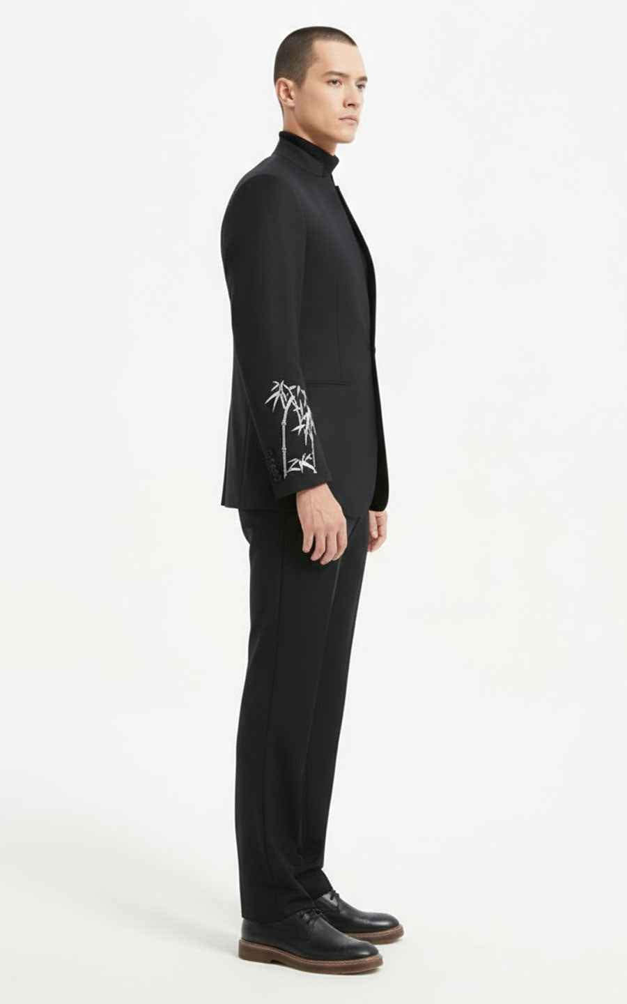 Black Embroidered Bamboo Pattern Oriental Suit Jacket
