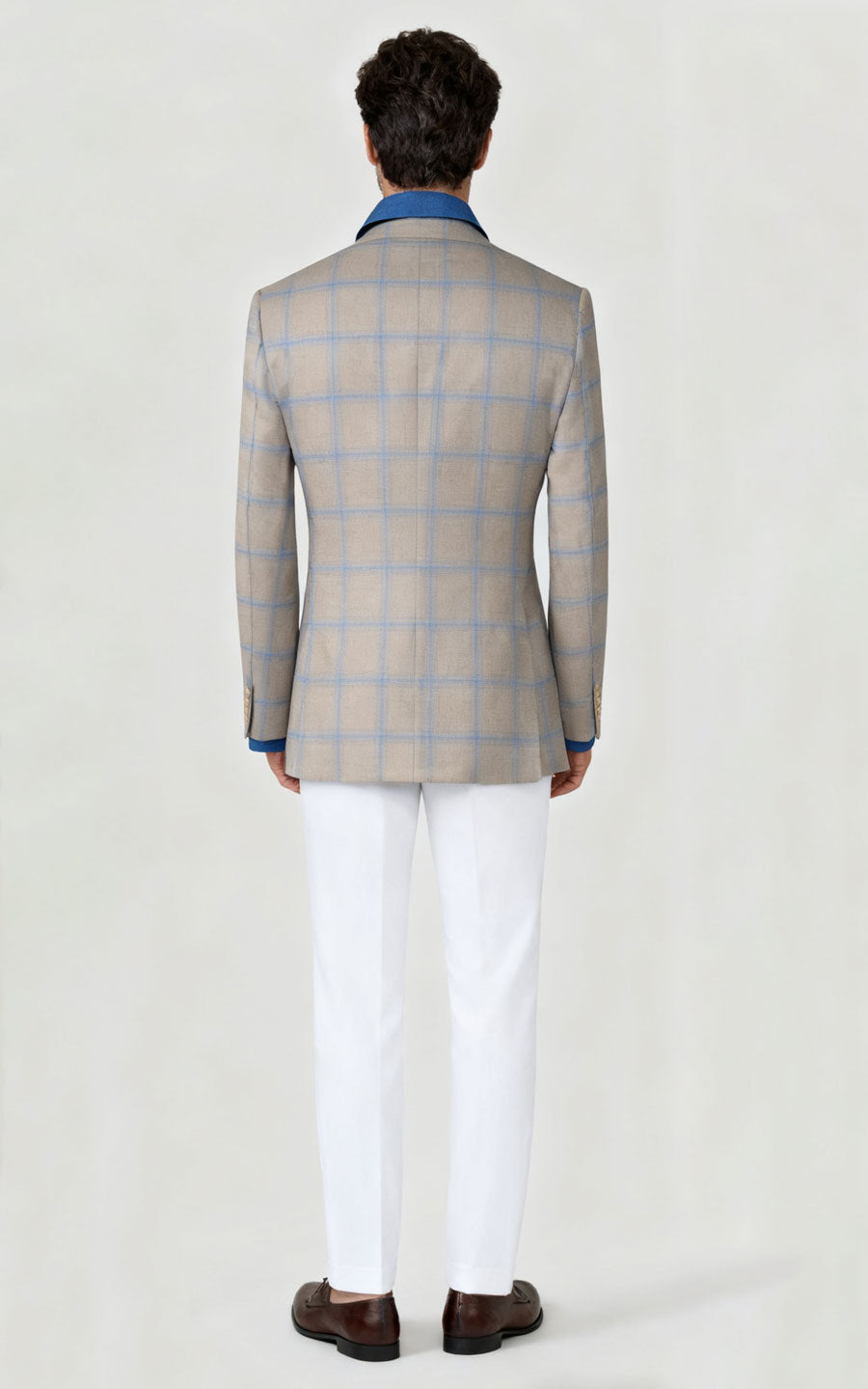 Custom Khaki Blue Plaid Wool Casual Suit Set