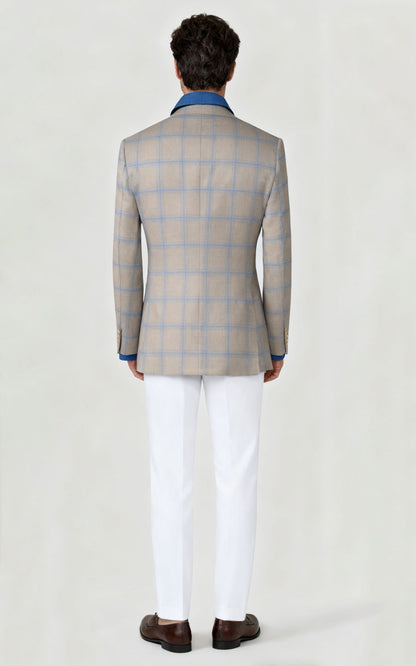 Custom Khaki Blue Plaid Wool Casual Suit Set
