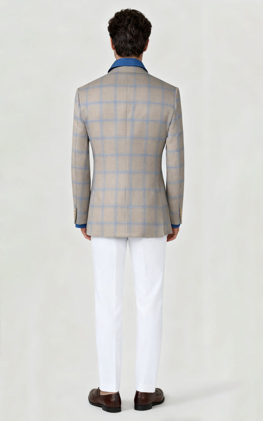 Custom Khaki Blue Plaid Wool Casual Suit Set