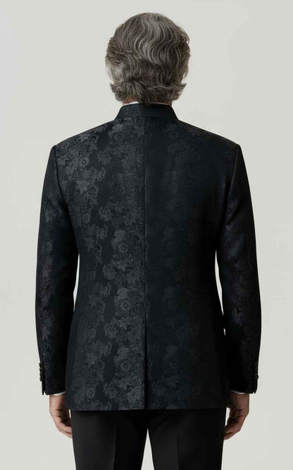 Black Floral Jacquard Mandarin Collar Mens Dress Suit Coat