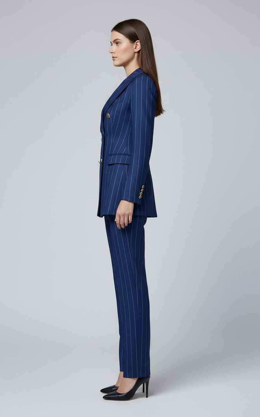 Women's double-breasted blue pinstripe suit set