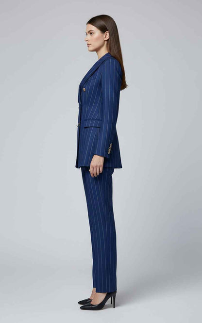 Women's double-breasted blue pinstripe suit set