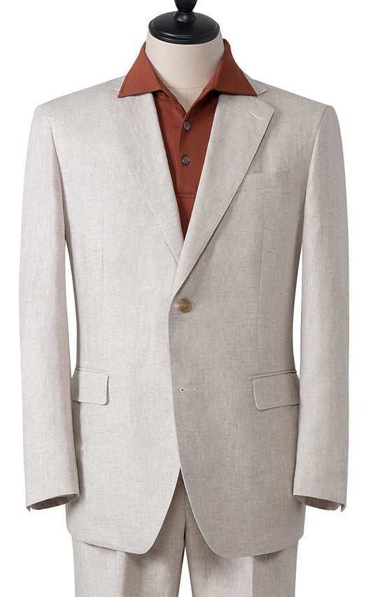 Beige linen suit front view custom tailored men's