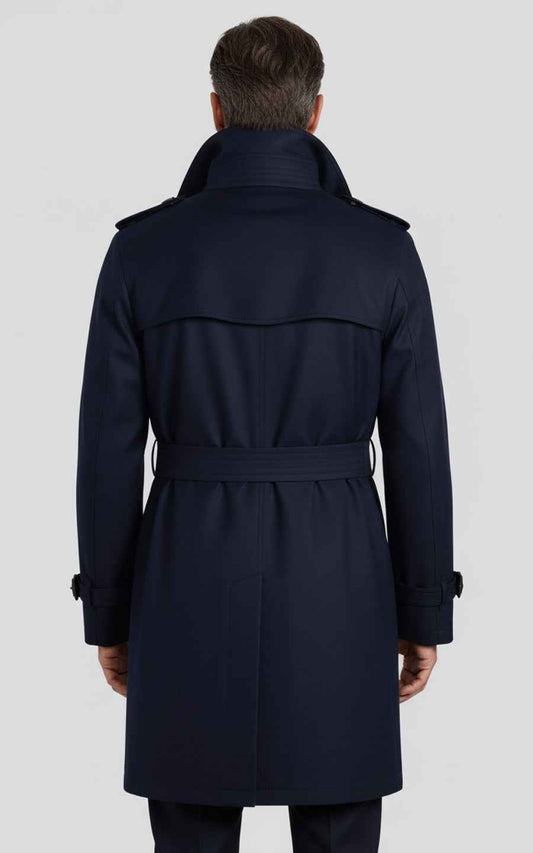 Navy Blue Men's Double-Breasted Custom Business Casual Trench Coat