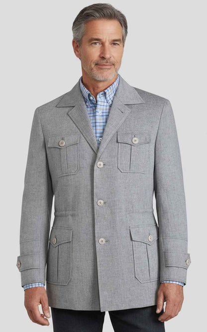 Men's Gray Four-Pocket Custom Trench Coat Hunting Casual Coat