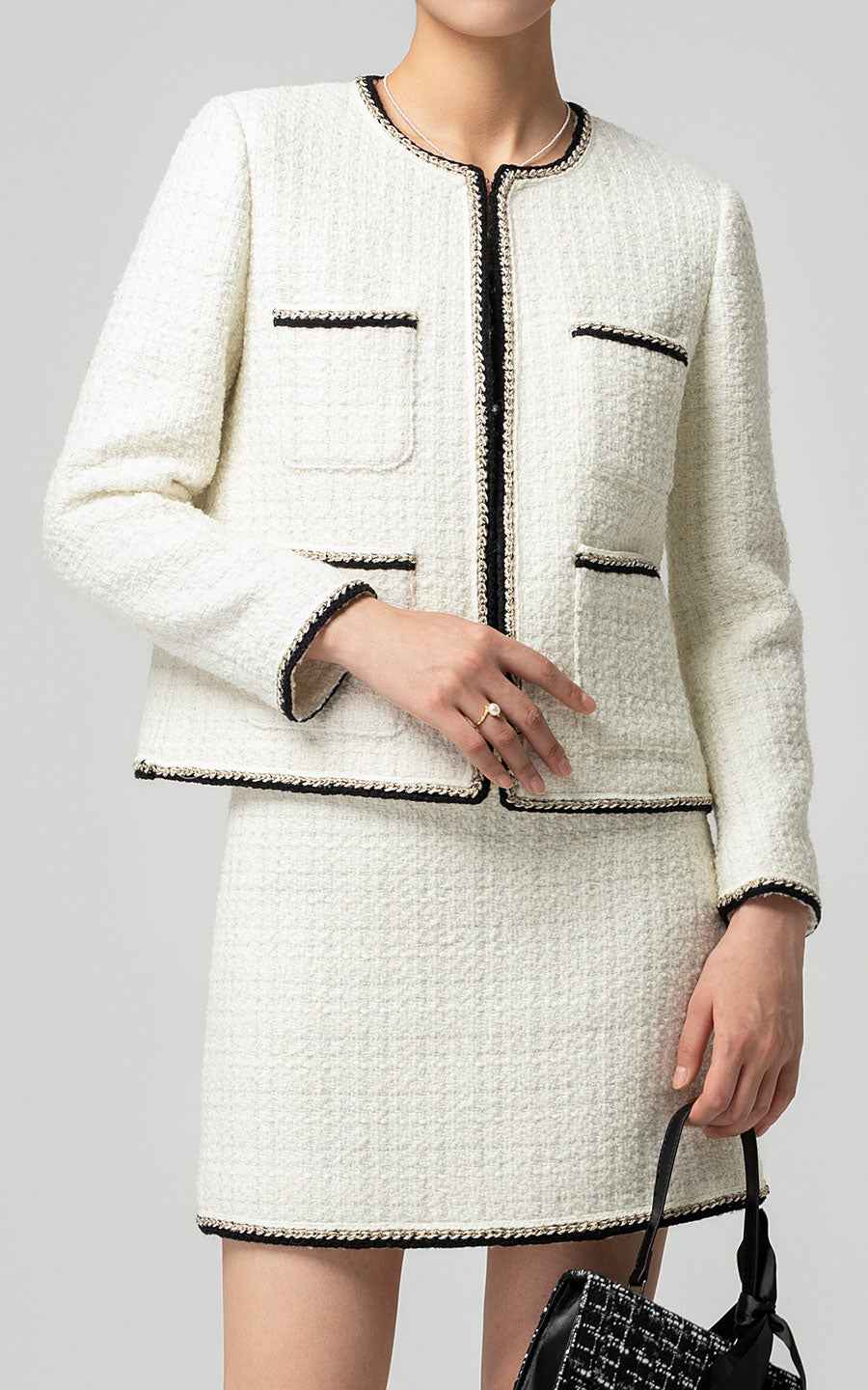 White Tweed Suit Set - Classic Jacket & Skirt