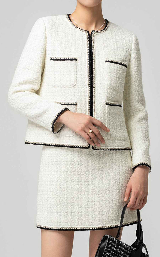White Tweed Suit Set - Classic Jacket & Skirt