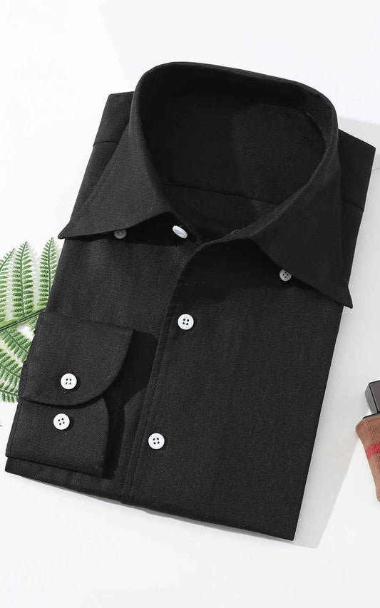 WIAI French Black Linen Long Sleeve Shirt - Custom Fit