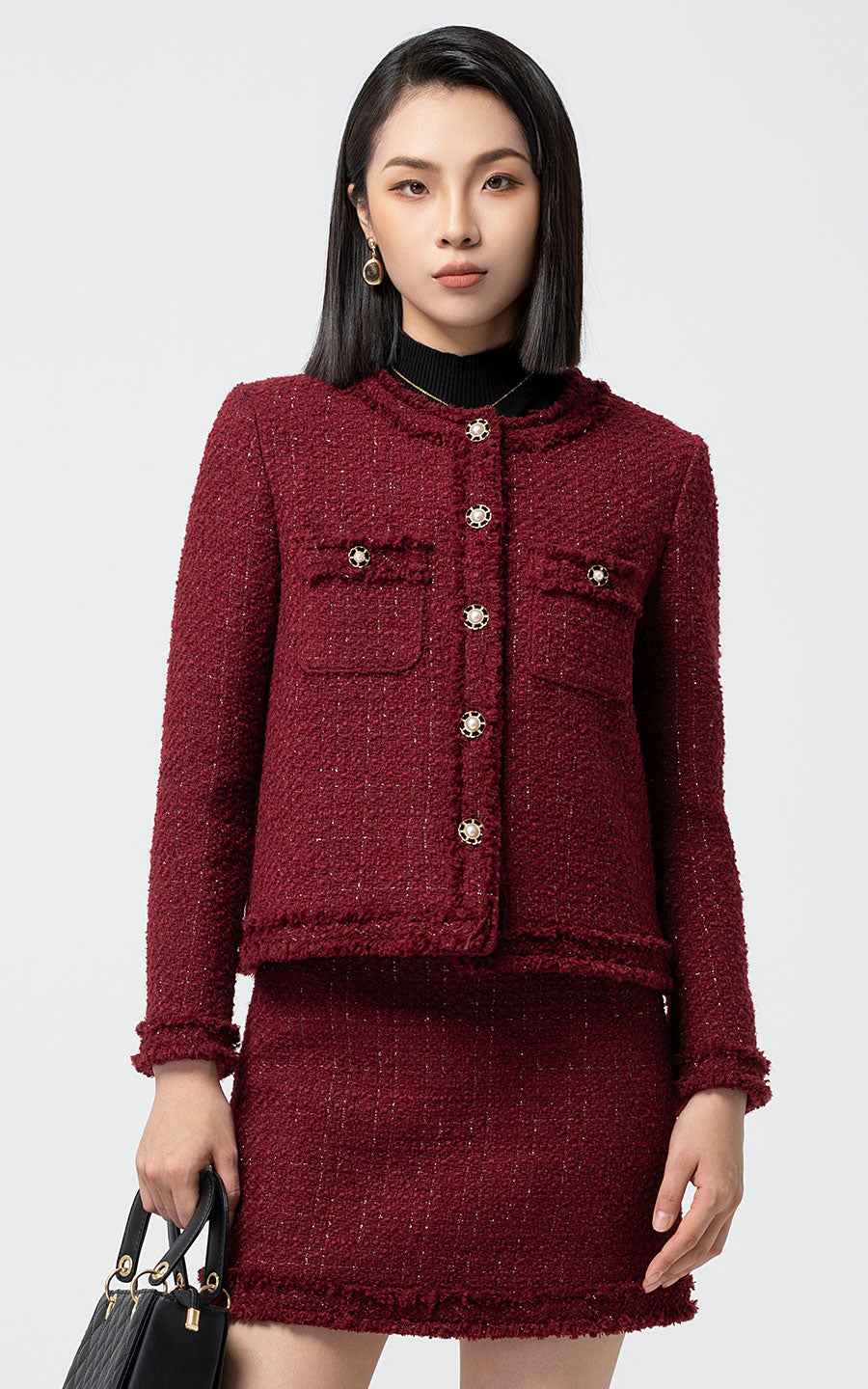 Burgundy Tweed Jacket & Skirt Set - Chic Professional