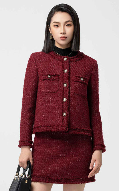 Burgundy Tweed Jacket & Skirt Set - Chic Professional