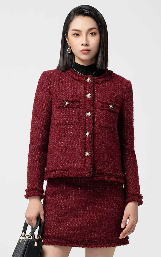 Burgundy Tweed Jacket & Skirt Set - Chic Professional