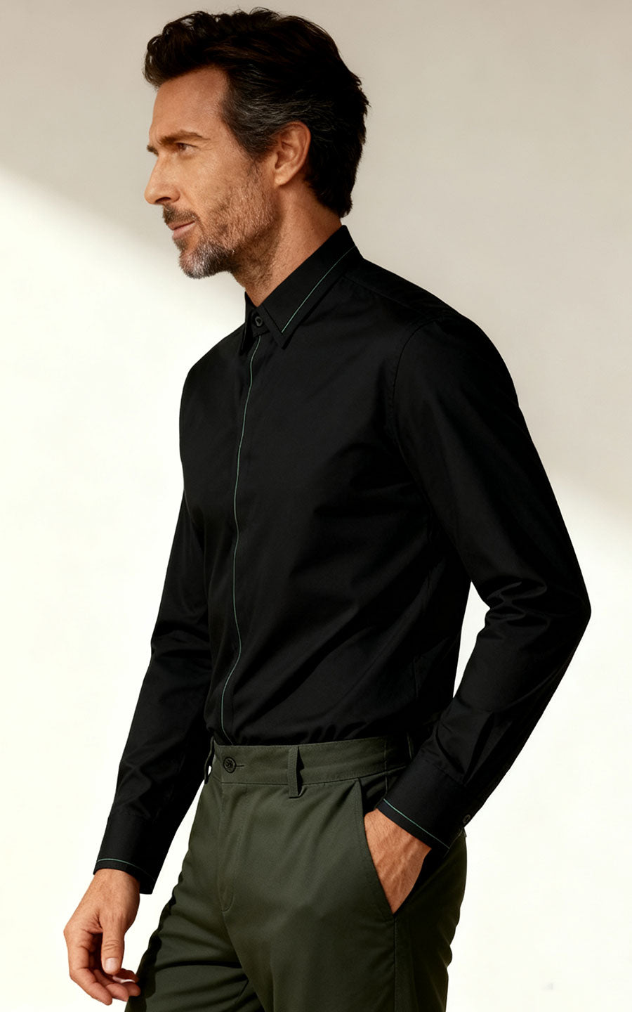 Custom Black Textured Shirt with Green Lines - Men's