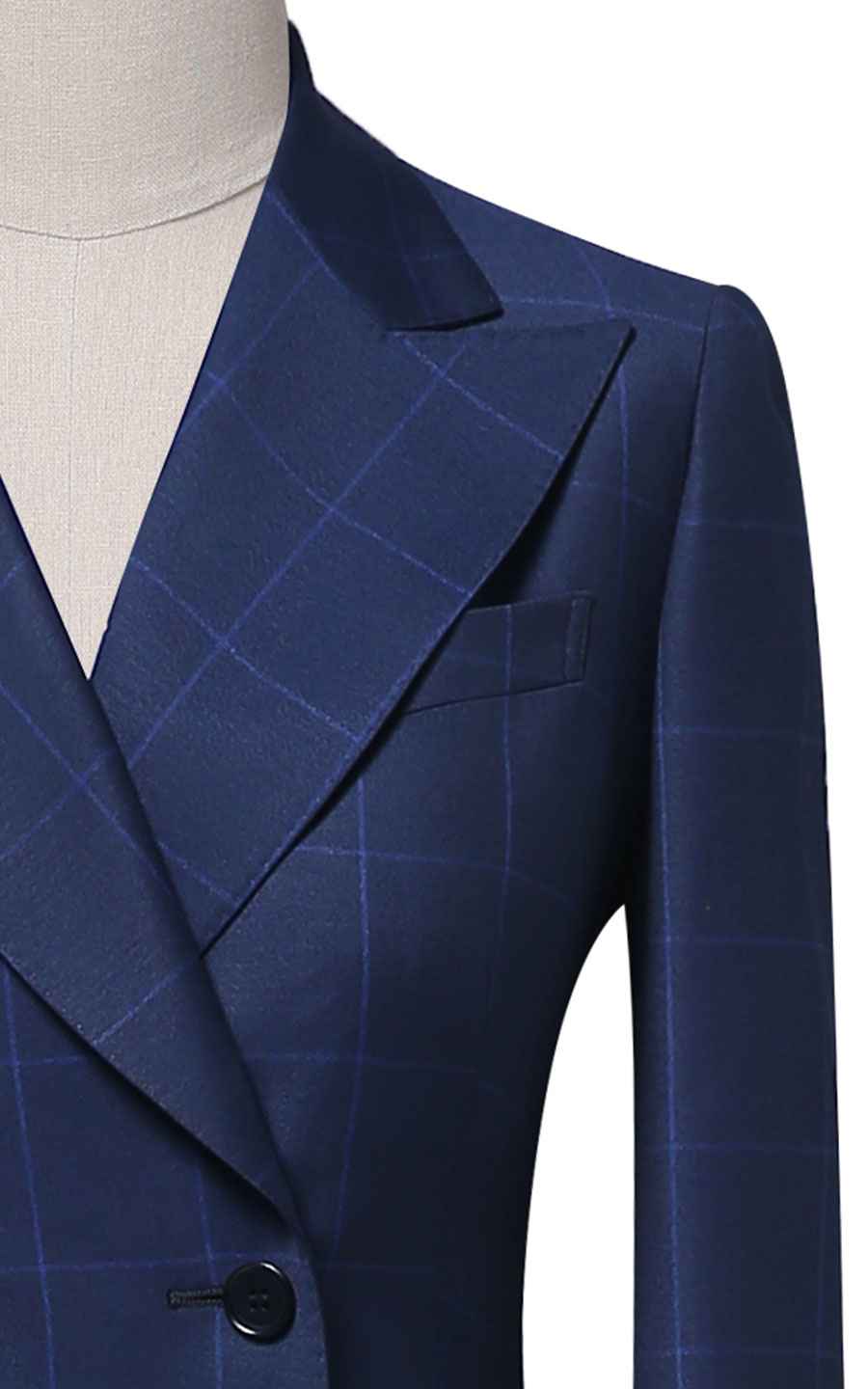 Navy Blue Checkered Double-Breasted Blazer