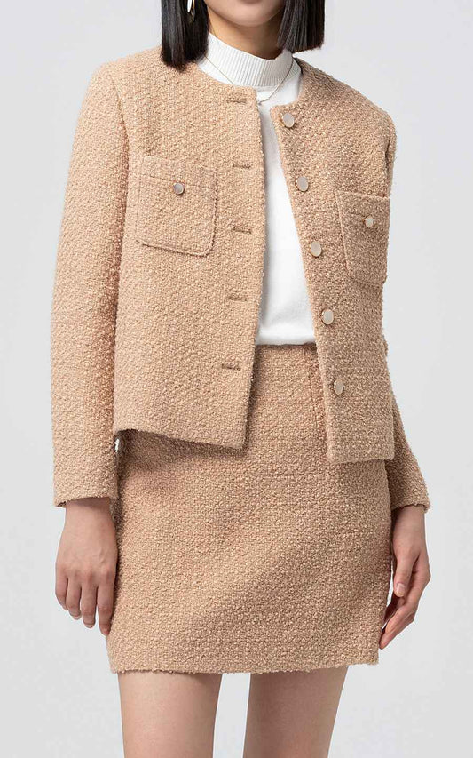 Elegant Beige Tweed Suit Set - Jacket & Skirt
