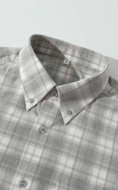 Cotton button down collar - light grey grid pattern