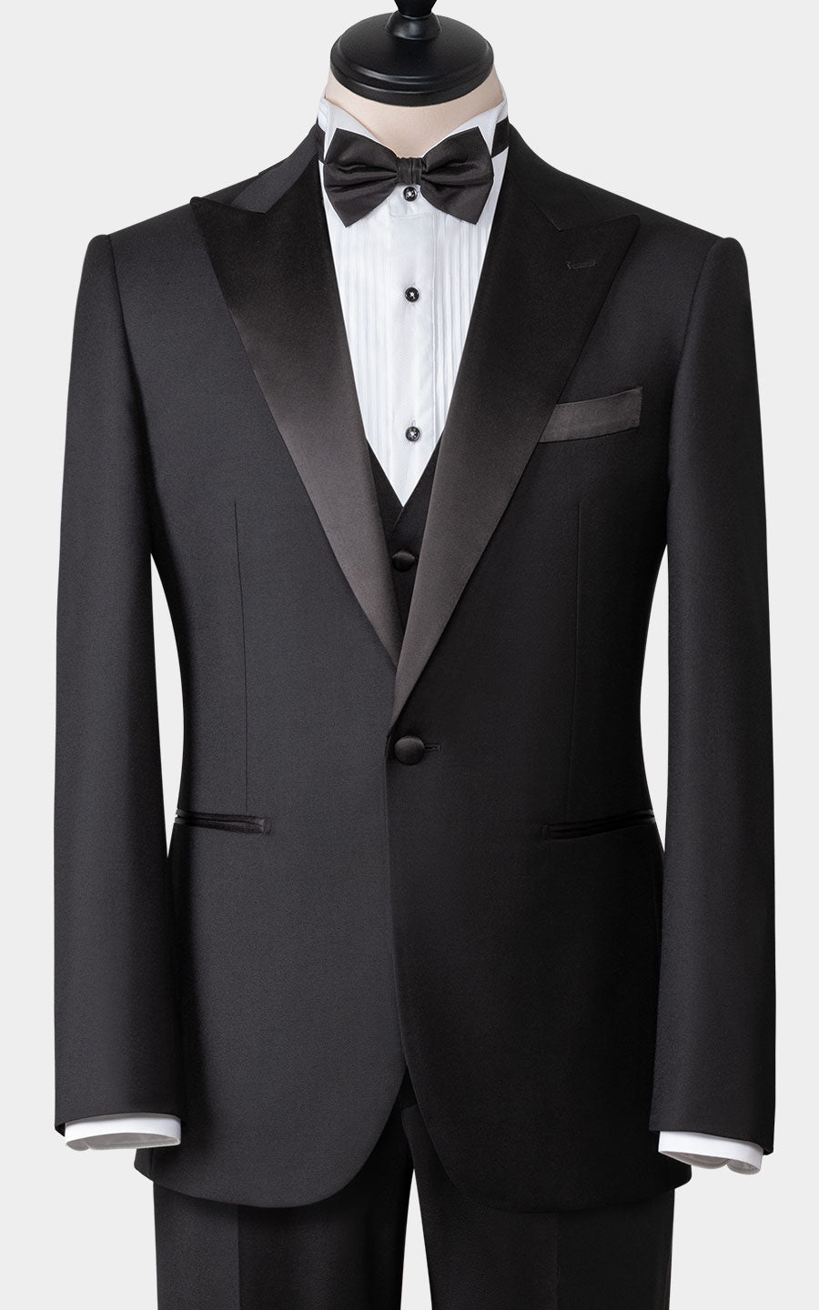 Man wearing black satin custom tuxedo formal business suit