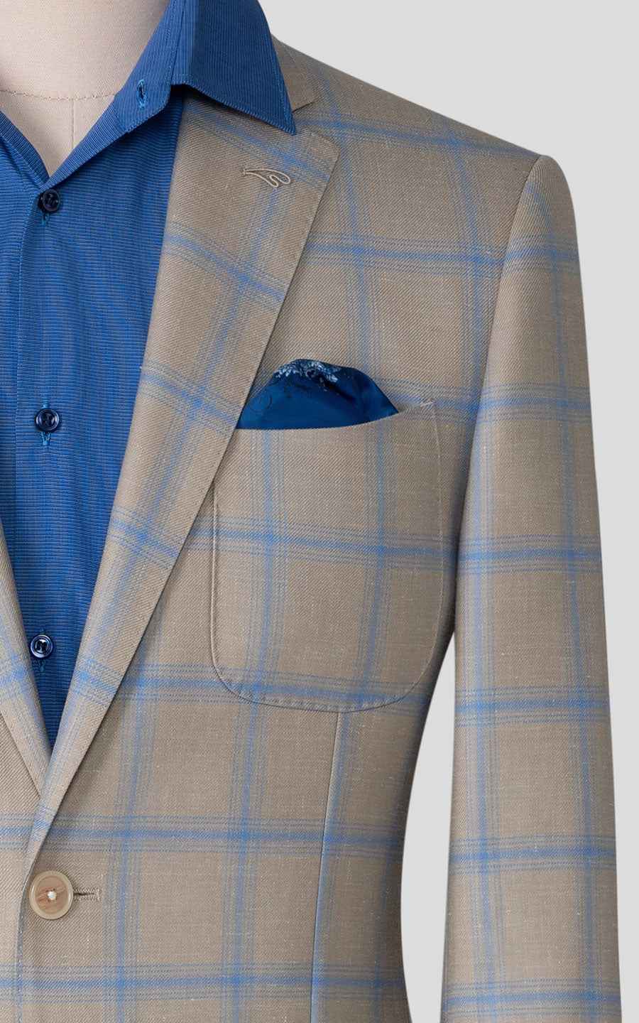 Custom Khaki Blue Plaid Wool Casual Suit Set