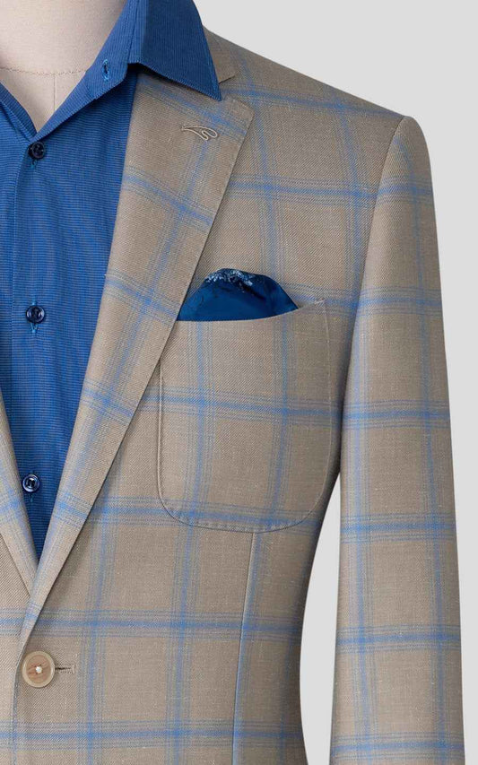 Custom Khaki Blue Plaid Wool Casual Suit Set