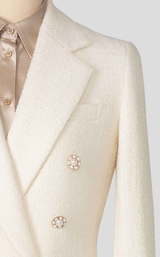 Women's Cream Double Breasted Blazer - Luxury Tweed Jacket