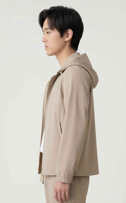 Beige Zipper Hooded Custom Men's Casual Jacket