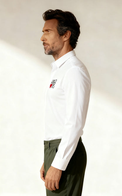 Men's White Heart Embroidered Tailored Dress Shirt
