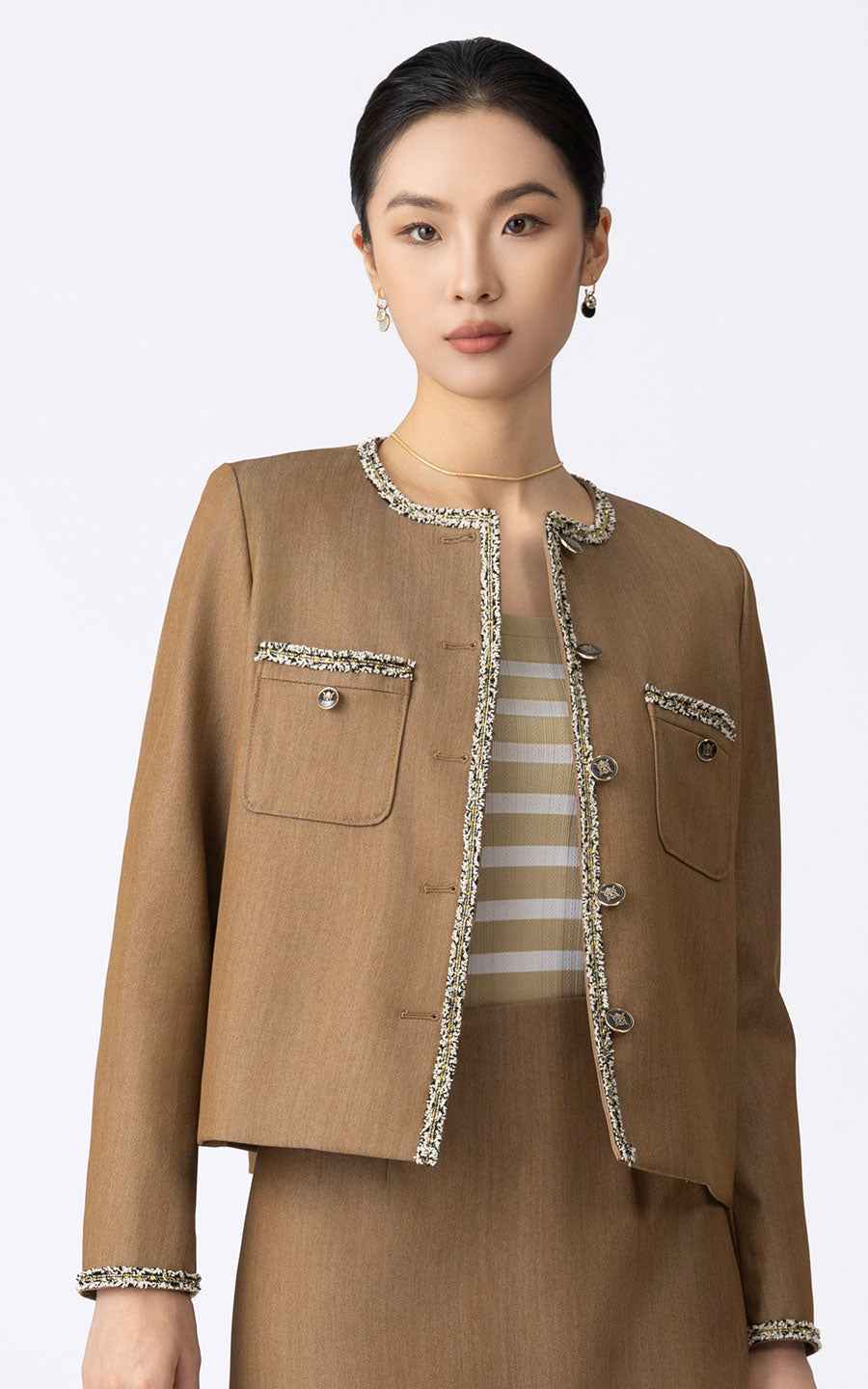 Women's Brown Tweed Suit Set - Jacket & Skirt Ensemble
