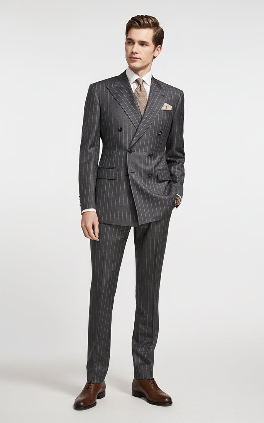 Men's gray pinstriped double-breasted formal custom suits set