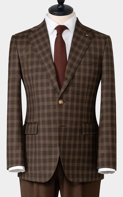 Dark brown plaid blazer front view tailored fit