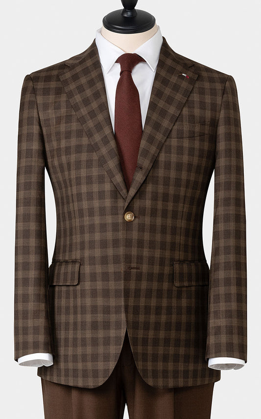 Dark brown plaid blazer front view tailored fit