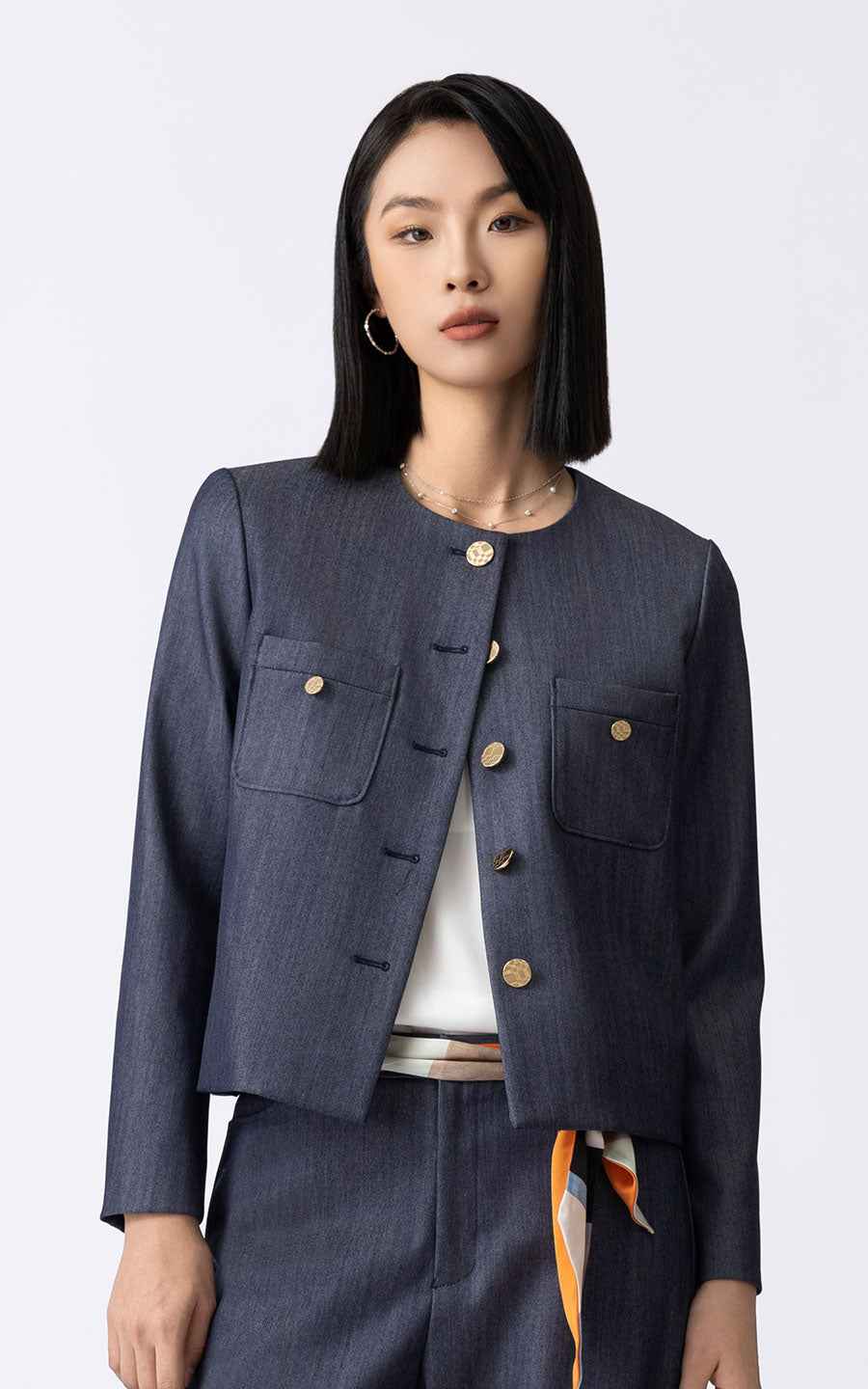 Women's Navy Blue Suit Set - Jacket & Wide Leg Pants