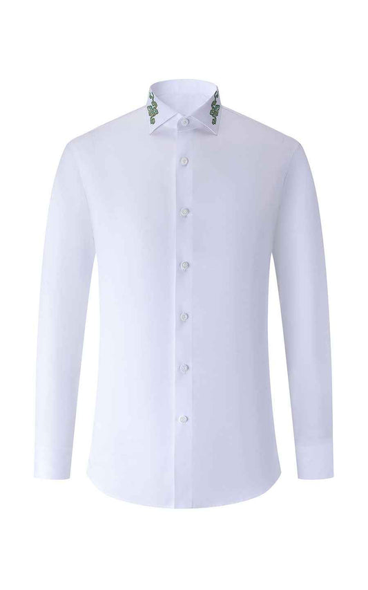 Men's White Shirt with Green Embroidery - Custom Collar