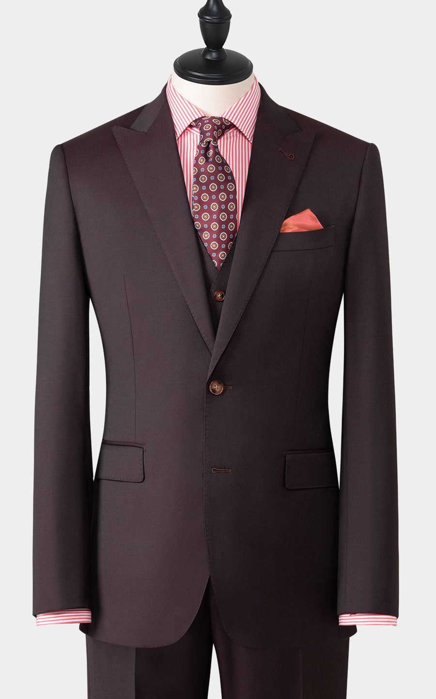Man wearing burgundy twill custom tailored formal suit
