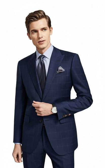 Navy blue custom men's business casual plaid suit coat