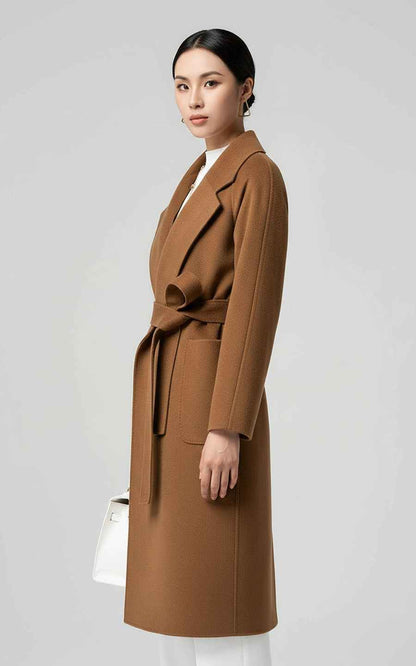 Elegant Camel Belted Wrap Coat - Classic Trench Style