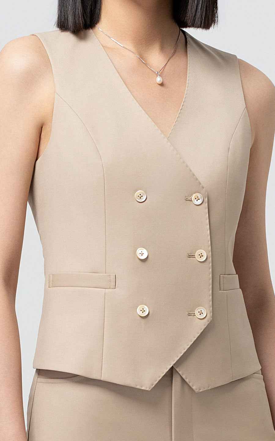 Professional Double-Breasted Vest Pants Set - Beige