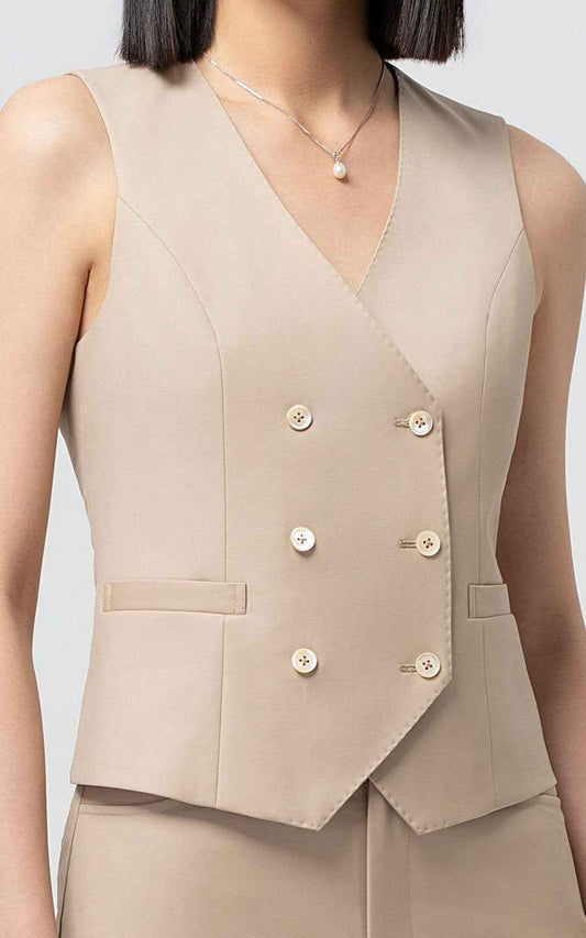 Professional Double-Breasted Vest Pants Set - Beige